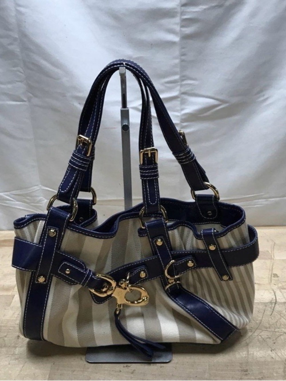 Francesco Biasia Women's Blue White
Striped Canvas Navy Leather Trim Handbag